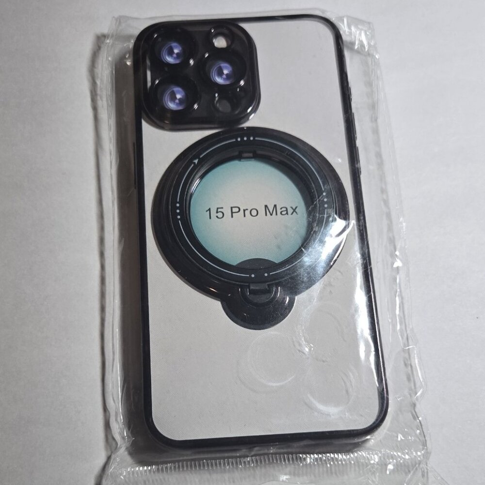 Magnetic Case Stand for iPhone 15 Pro Max. Transparent case. Black